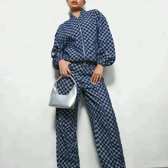 Blue Casual Women's Denim Checkboard Bomber Zip Through Jacket - Picture 4 of 4